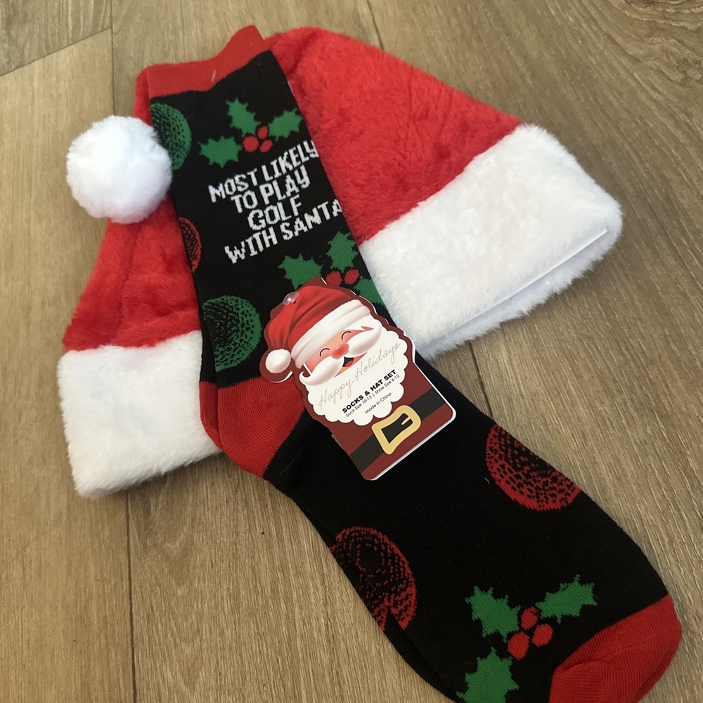 Santa Hat & Sock Set Men's Novelty Golf With‎ Santa Shoe Size 6-12 NEW